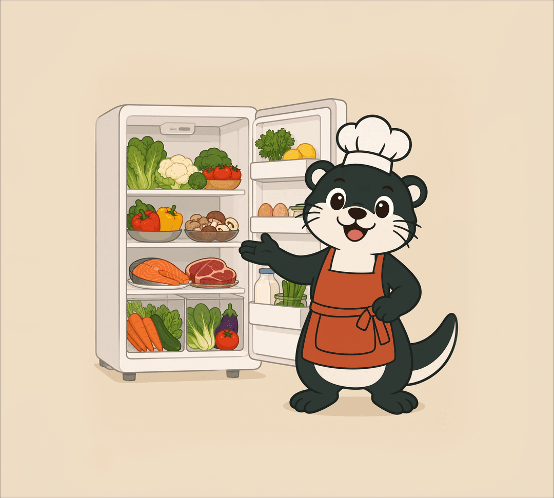 Otter Chef presenting a fresh, organized fridge